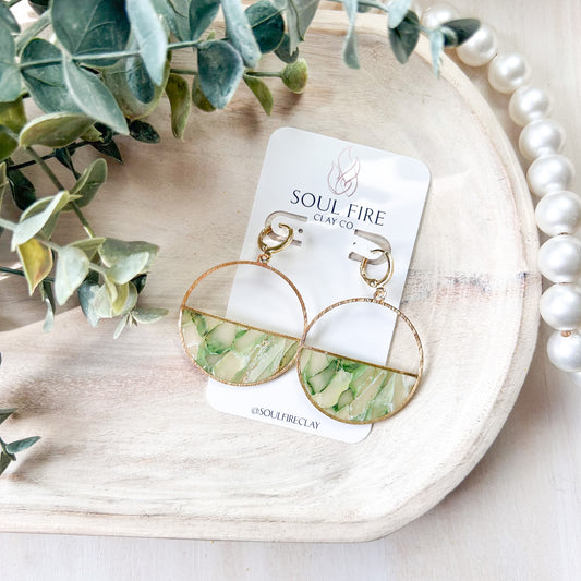 Green Marble Semi-Circle Statement Earrings