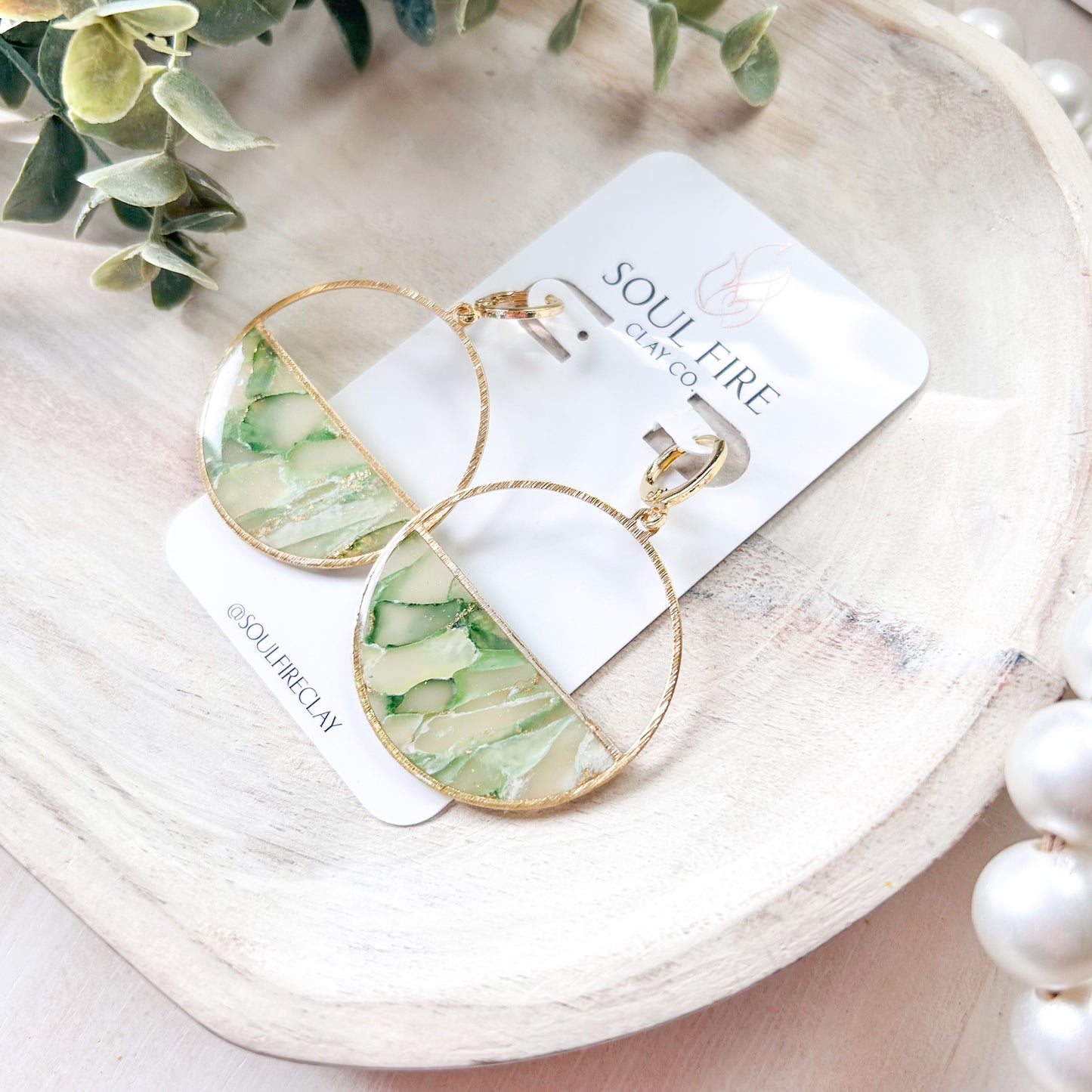 Green Marble Semi-Circle Statement Earrings