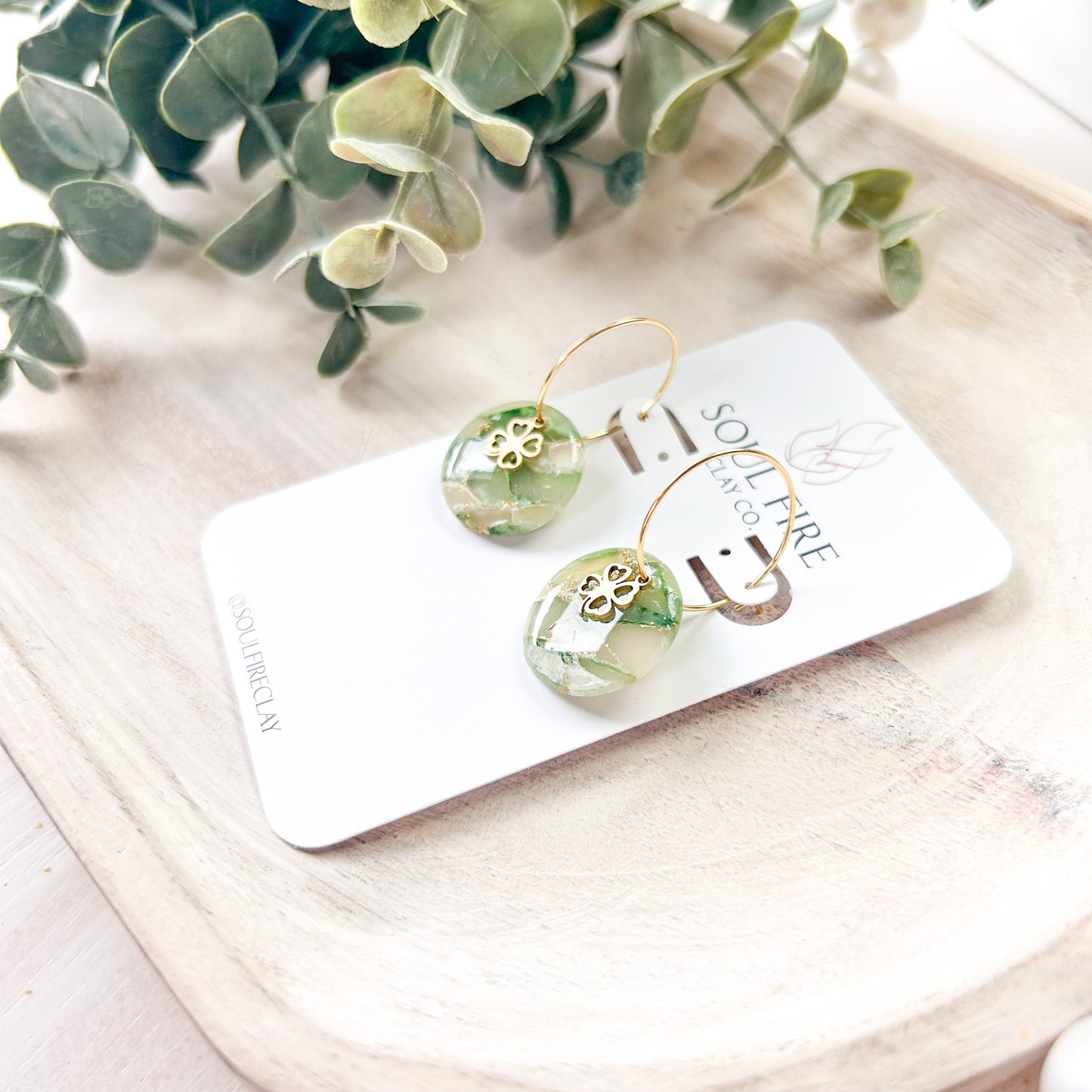 Green Marble Clover Circle Statement Earrings