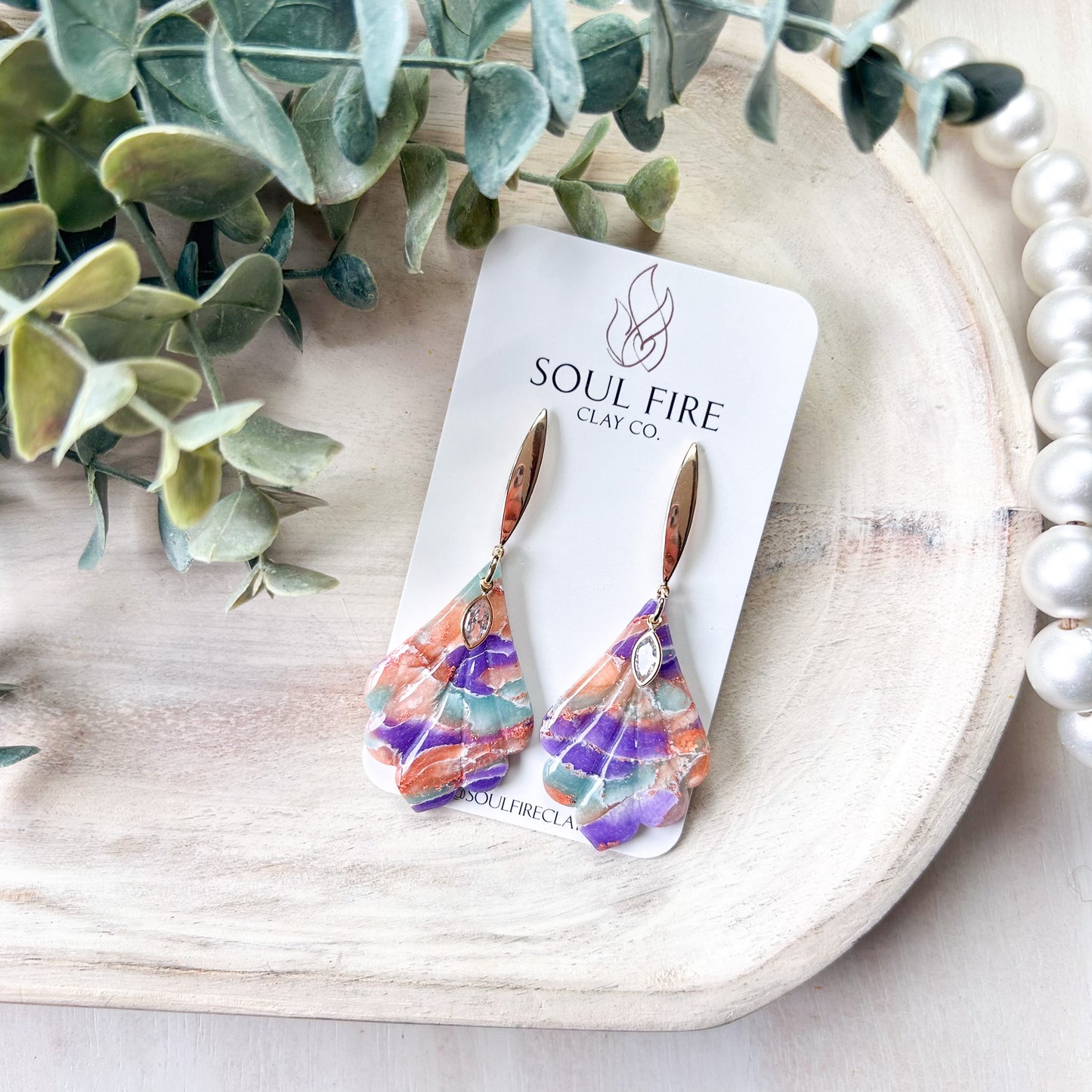 Mint, Purple & Orange Marbled Fan Drop Statement Earrings