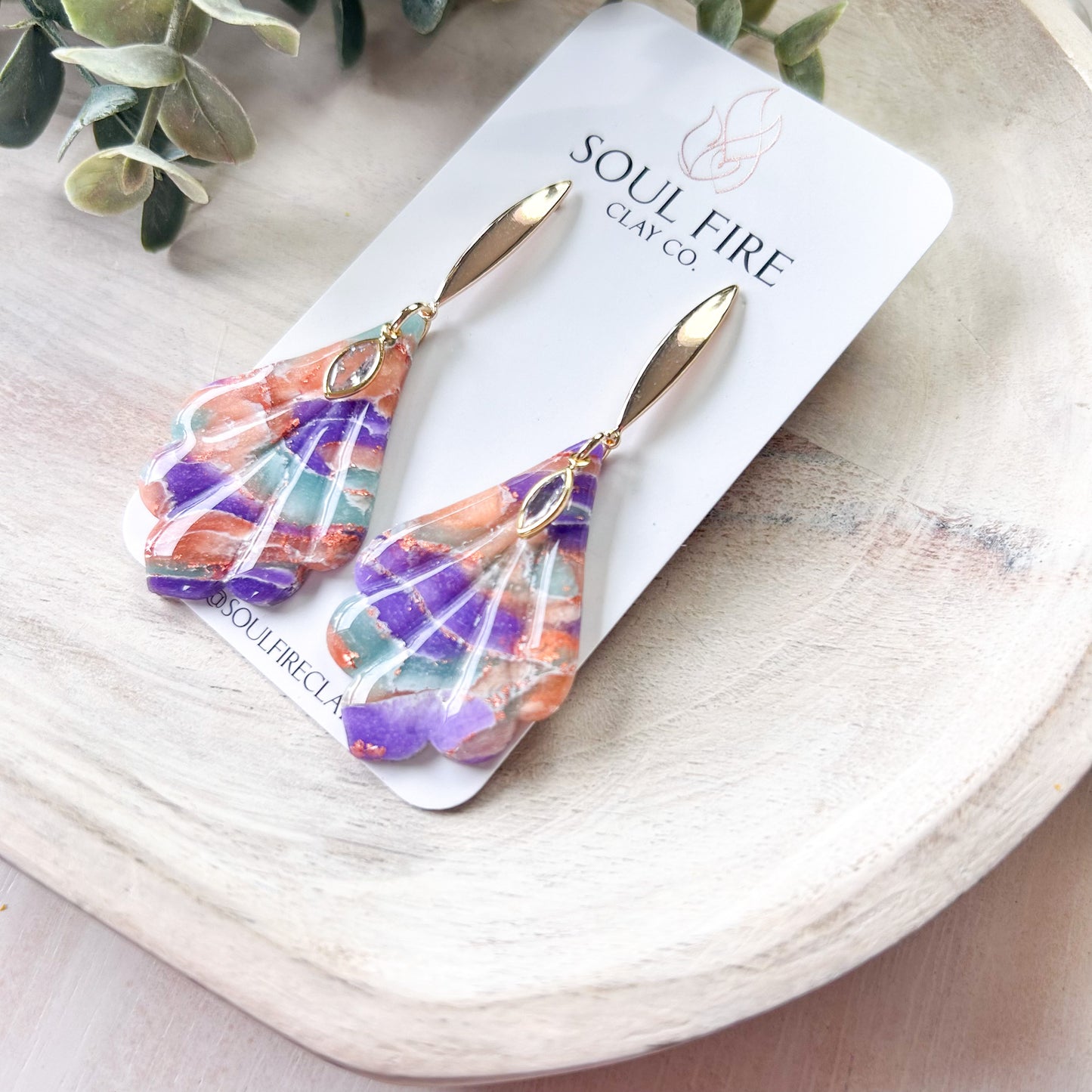 Mint, Purple & Orange Marbled Fan Drop Statement Earrings