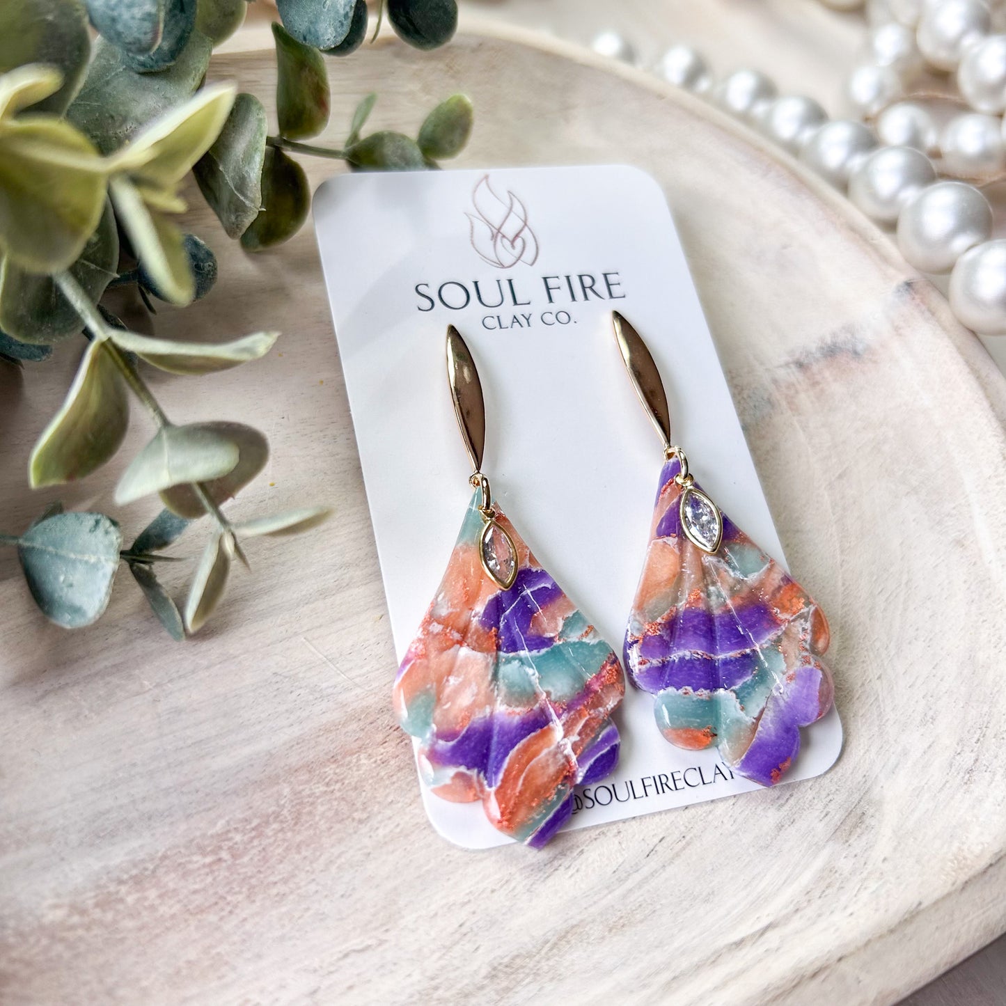 Mint, Purple & Orange Marbled Fan Drop Statement Earrings