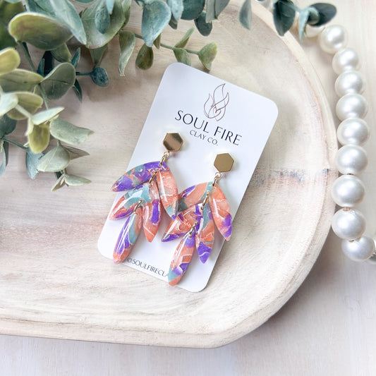 Mint, Purple & Orange Marbled Leaf Drop Statement Earrings