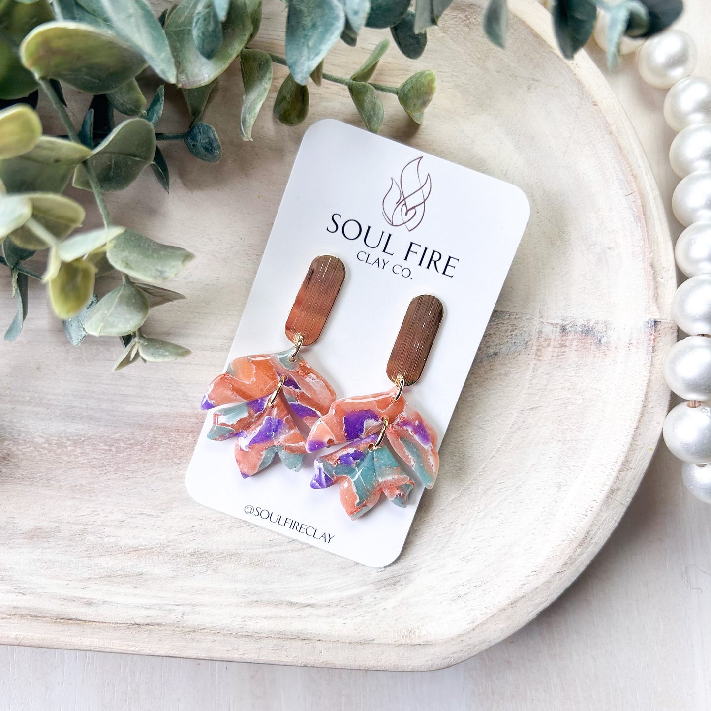 Mint, Purple & Orange Marbled Abstract Leaf Drop Statement Earrings