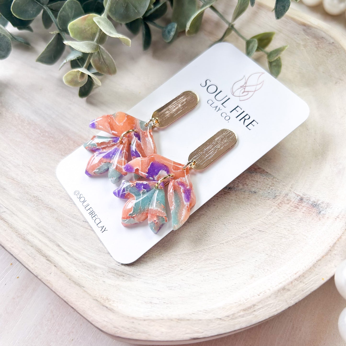 Mint, Purple & Orange Marbled Abstract Leaf Drop Statement Earrings