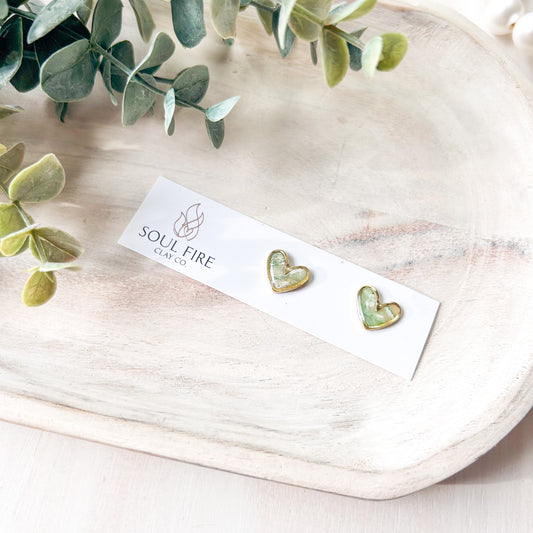 Green Marble Heart Studs Statement Earrings