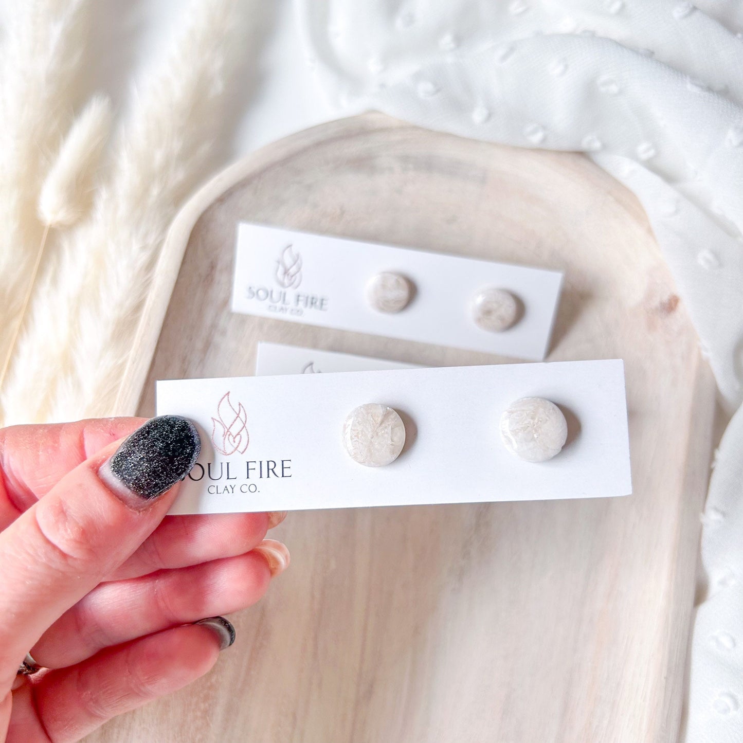 White Marble with floral overlay stud Earrings