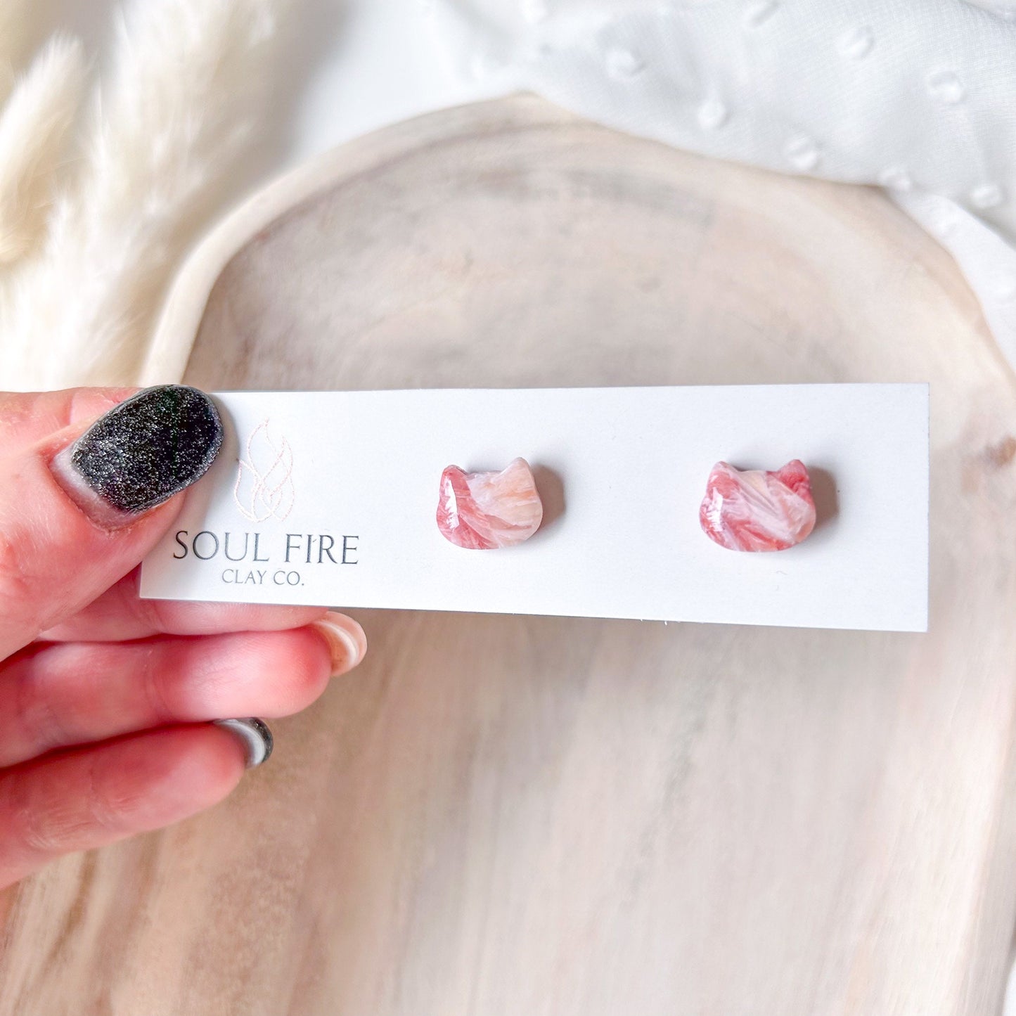 Bronze Marble Cat Stud Earrings