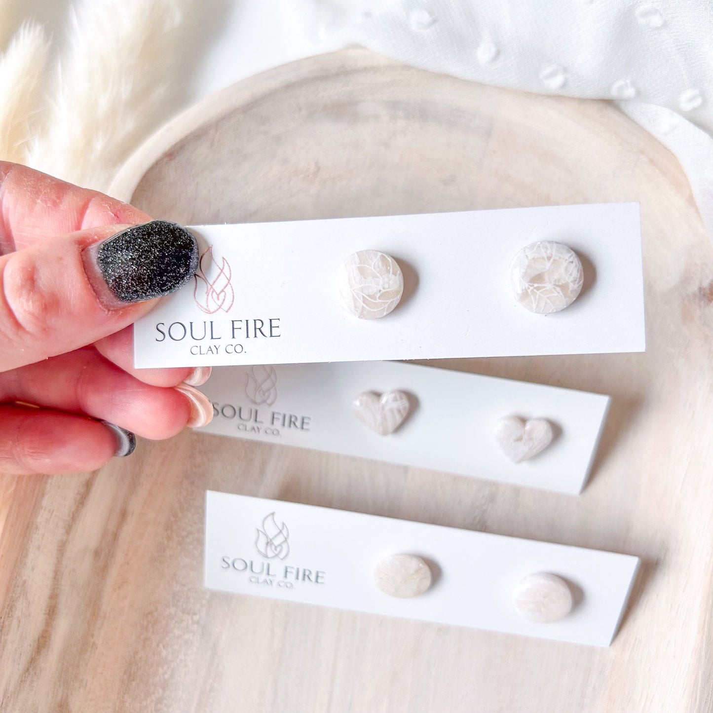 White Marble with floral overlay stud Earrings