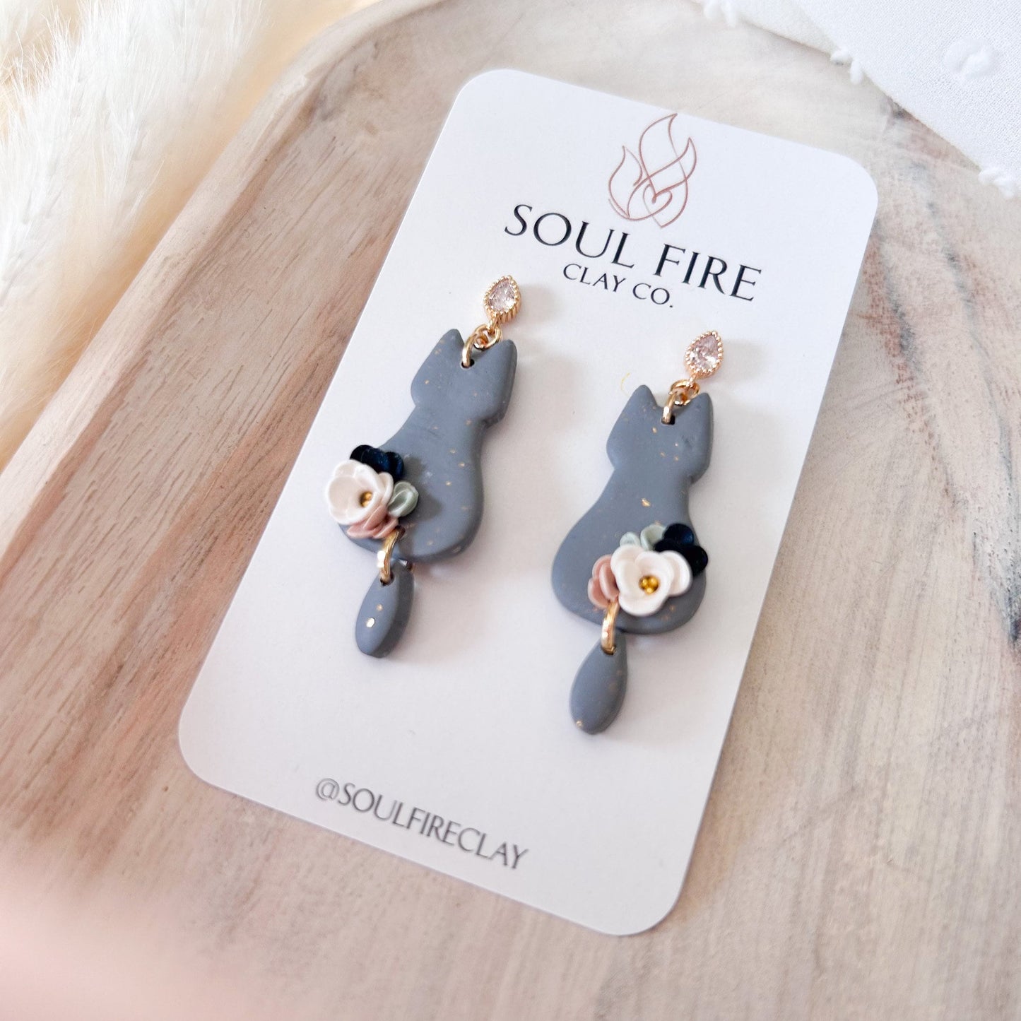 Floral Grey Cat statement Earrings