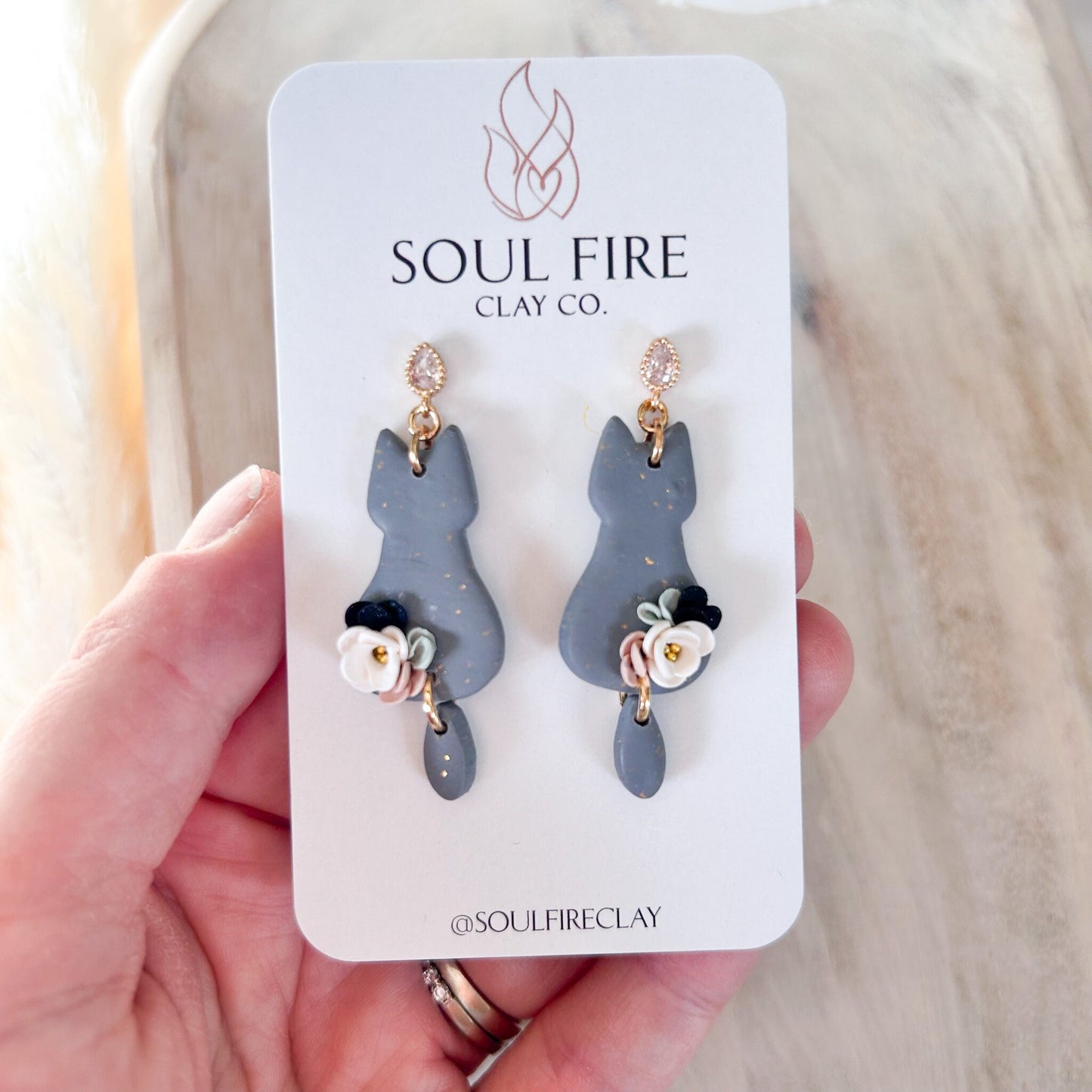 Floral Grey Cat statement Earrings